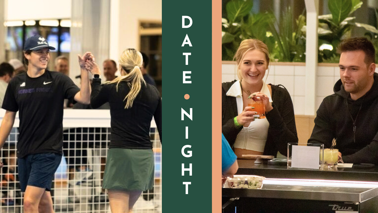 Two photos of couples enjoying a date night Pickle Haus. One couple high-fiving on the courts. Another couple enjoying drinks at the bar.