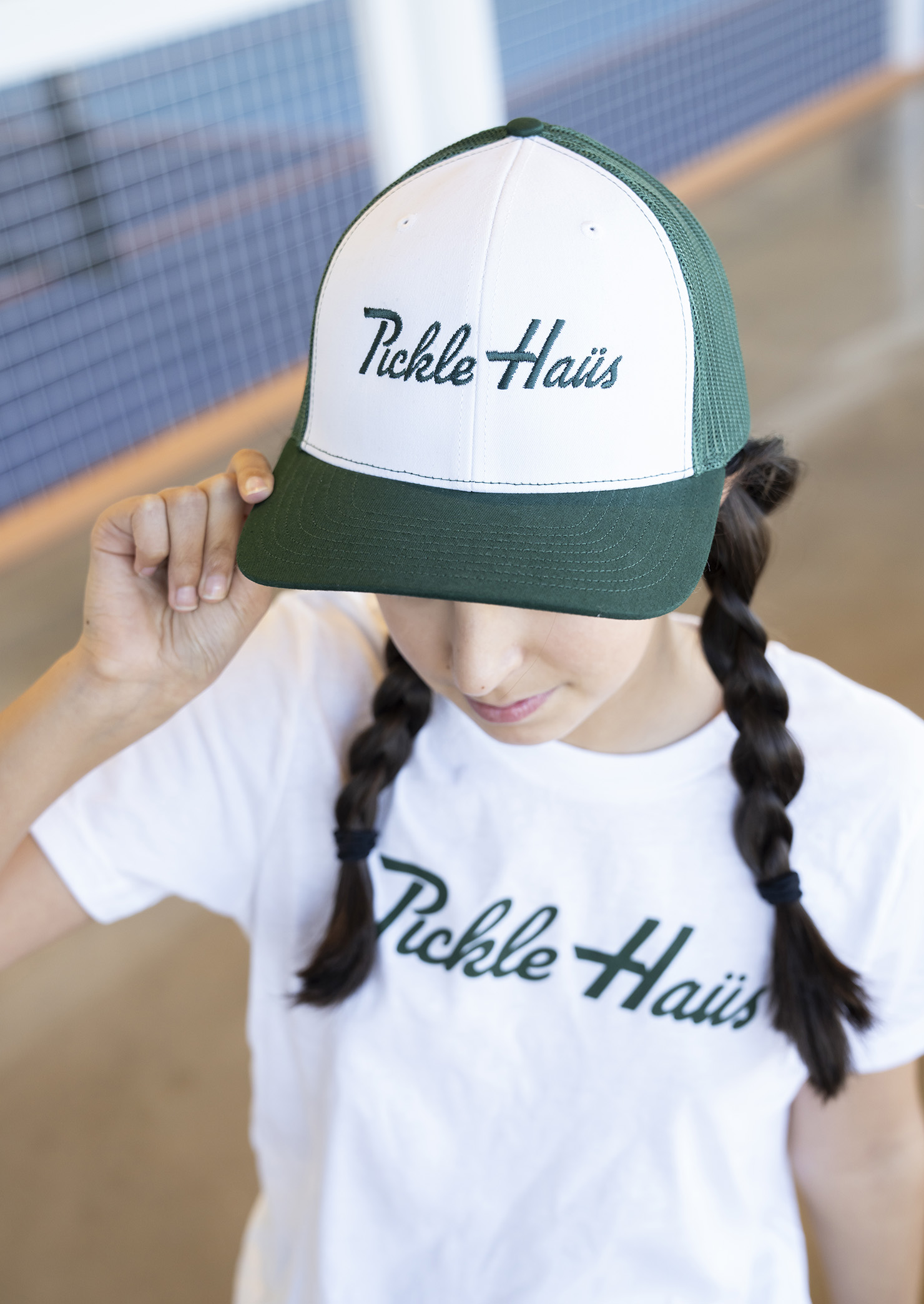 pickle haus white and green hat with green logo